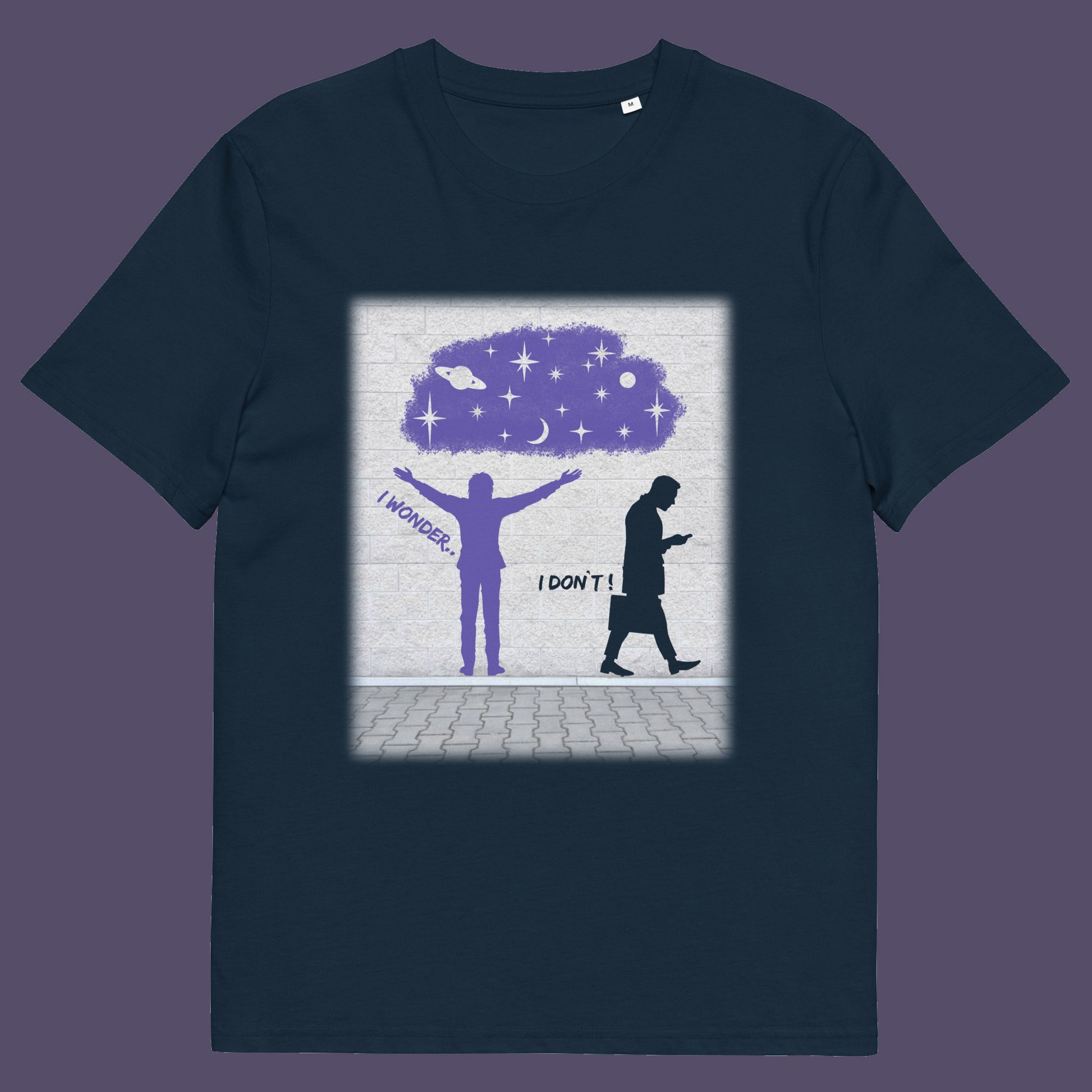 French navy t shirt. This anti mobile phone abuse t shirt light heartedly pokes fun at people who never look up from their phone. If you believe letting a machine do most of your thinking for you will dull your imagination, this satirical design is for you. Made from 100% organic ring-spun cotton, these anti mobile phone abuse t shirts are unisex, high quality, super comfy, and best of all, eco-friendly.