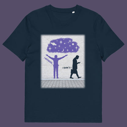 French navy t shirt. This anti mobile phone abuse t shirt light heartedly pokes fun at people who never look up from their phone. If you believe letting a machine do most of your thinking for you will dull your imagination, this satirical design is for you. Made from 100% organic ring-spun cotton, these anti mobile phone abuse t shirts are unisex, high quality, super comfy, and best of all, eco-friendly.