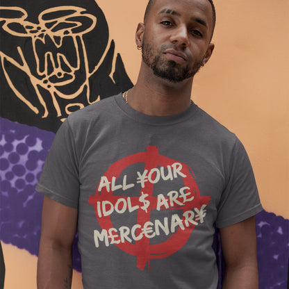 Man wearing a t-shirt with a graphic design and text, standing against a colourful abstract background. This broken society t shirt shows the dark side of capitalism. Why are we looking up to people that put money before integrity, what is it we admire, their bank accounts ? Are there any products that celebrities or sports personalities wouldn't sell ? Made from 100% organic ring-spun cotton, this anti capitalism t shirt is unisex, high-quality, super comfy, and best of all, eco-friendly.