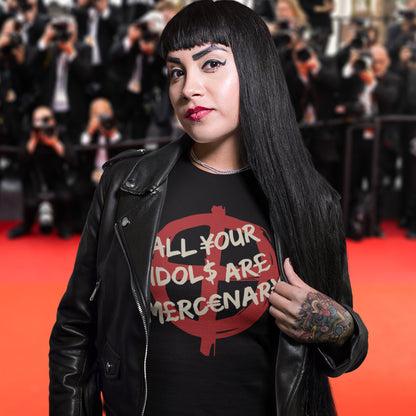Person wearing a black t-shirt with a red and white graphic and text on a red carpet. This broken society t shirt shows the dark side of capitalism. Why are we looking up to people that put money before integrity, what is it we admire, their bank accounts ? Are there any products that celebrities or sports personalities wouldn't sell ? Made from 100% organic ring-spun cotton, this anti capitalism t shirt is unisex, high-quality, super comfy, and best of all, eco-friendly.