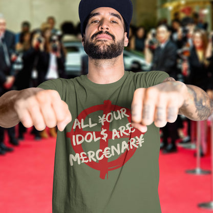 Man wearing a green t-shirt with a message on a red carpet. This broken society t shirt shows the dark side of capitalism. Why are we looking up to people that put money before integrity, what is it we admire, their bank accounts ? Are there any products that celebrities or sports personalities wouldn't sell ? Made from 100% organic ring-spun cotton, this anti capitalism t shirt is unisex, high-quality, super comfy, and best of all, eco-friendly.
