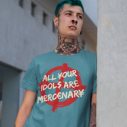 Person wearing a teal t-shirt with a graphic design and text, standing against a concrete wall. This broken society t shirt shows the dark side of capitalism. Why are we looking up to people that put money before integrity, what is it we admire, their bank accounts ? Are there any products that celebrities or sports personalities wouldn't sell ? Made from 100% organic ring-spun cotton, this anti capitalism t shirt is unisex, high-quality, super comfy, and best of all, eco-friendly.