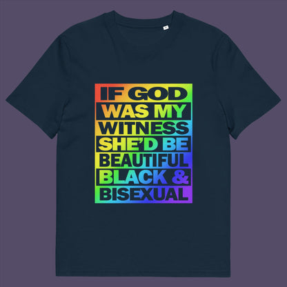 French navy t-shirt. A liberal thinkers t-shirt design. LGBTQ+ friendly and anti-racism in one. If there is a God she's probably more open minded than people give her credit for. Made from 100% organic ring-spun cotton, this alternative view t-shirt is unisex, high-quality, super comfy, and best of all, eco-friendly.