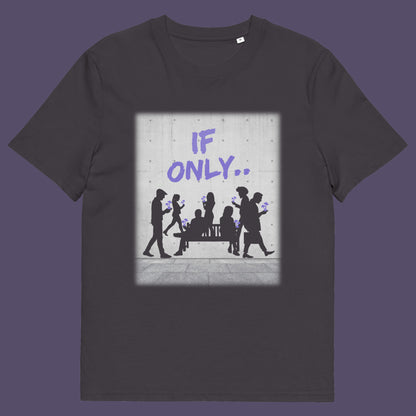 Anthracite t shirt. An anti mobile phone abuse t shirt in a stencil graffiti art design. Wouldn't it be a better world if people had something more mind expanding to be obsessed with other than a mobile phone. Made from 100% organic ring-spun cotton, this anti mobile phone abuse t shirt is unisex, high-quality, super comfy, and best of all, eco-friendly.