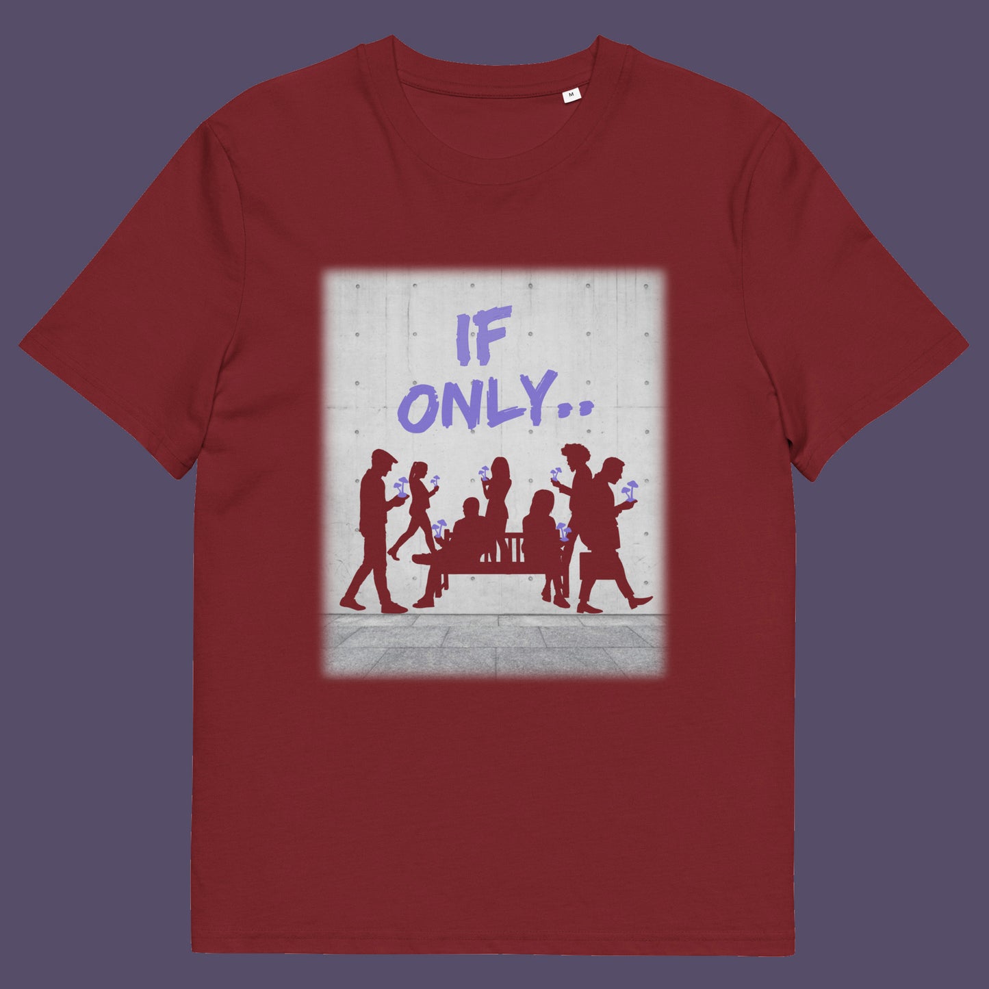 Burgundy t shirt. An anti mobile phone abuse t shirt in a stencil graffiti art design. Wouldn't it be a better world if people had something more mind expanding to be obsessed with other than a mobile phone. Made from 100% organic ring-spun cotton, this anti mobile phone abuse t shirt is unisex, high-quality, super comfy, and best of all, eco-friendly.