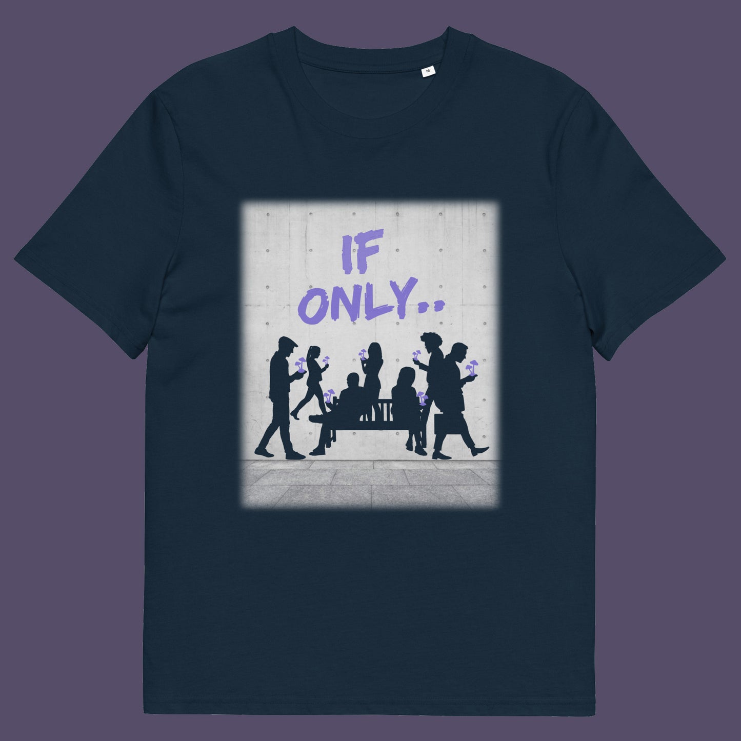 French navy t shirt. An anti mobile phone abuse t shirt in a stencil graffiti art design. Wouldn't it be a better world if people had something more mind expanding to be obsessed with other than a mobile phone. Made from 100% organic ring-spun cotton, this anti mobile phone abuse t shirt is unisex, high-quality, super comfy, and best of all, eco-friendly.