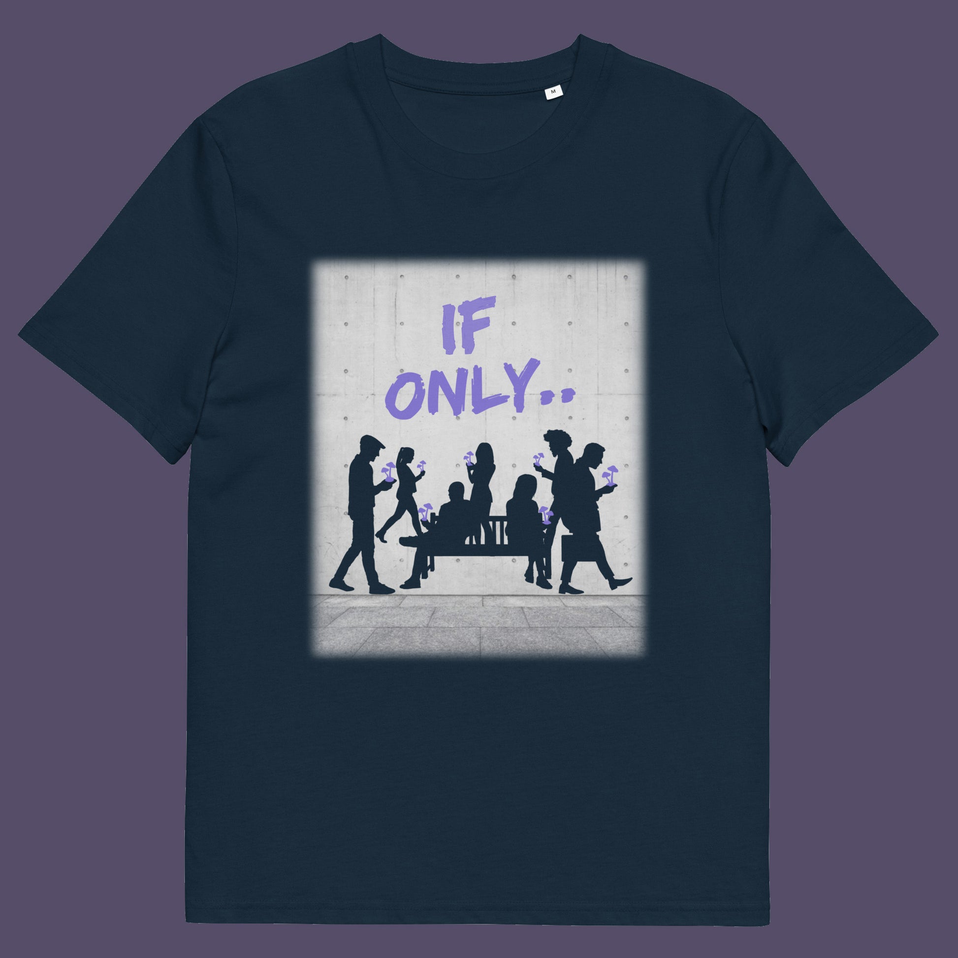 French navy t shirt. An anti mobile phone abuse t shirt in a stencil graffiti art design. Wouldn't it be a better world if people had something more mind expanding to be obsessed with other than a mobile phone. Made from 100% organic ring-spun cotton, this anti mobile phone abuse t shirt is unisex, high-quality, super comfy, and best of all, eco-friendly.