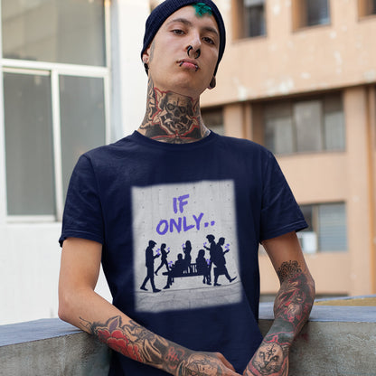 Man wearing a French navy blue t-shirt with a graphic design and text, standing outdoors. An anti mobile phone abuse t shirt in a stencil graffiti art design. Wouldn't it be a better world if people had something more mind expanding to be obsessed with other than a mobile phone. Made from 100% organic ring-spun cotton, this anti mobile phone abuse t shirt is unisex, high-quality, super comfy, and best of all, eco-friendly.