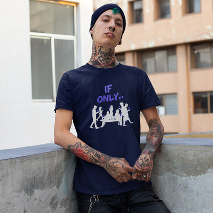 Person wearing a navy blue t-shirt with a graphic design leaning against a wall. An anti mobile phone abuse t shirt in a stencil graffiti art design. Wouldn't it be a better world if people had something more mind expanding to be obsessed with other than a mobile phone. Made from 100% organic ring-spun cotton, this anti mobile phone abuse t shirt is unisex, high-quality, super comfy, and best of all, eco-friendly.