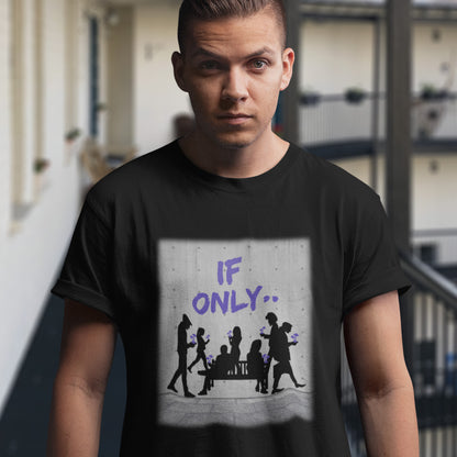 Person wearing a black t-shirt with a graphic design and text. An anti mobile phone abuse t shirt in a stencil graffiti art design. Wouldn't it be a better world if people had something more mind expanding to be obsessed with other than a mobile phone. Made from 100% organic ring-spun cotton, this anti mobile phone abuse t shirt is unisex, high-quality, super comfy, and best of all, eco-friendly.