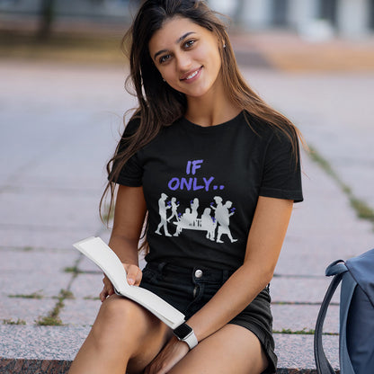 Woman sitting outdoors wearing a black t-shirt with a graphic design. An anti mobile phone abuse t shirt in a stencil graffiti art design. Wouldn't it be a better world if people had something more mind expanding to be obsessed with other than a mobile phone. Made from 100% organic ring-spun cotton, this anti mobile phone abuse t shirt is unisex, high-quality, super comfy, and best of all, eco-friendly.