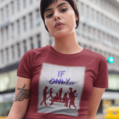 Woman wearing a burgundy t-shirt with a graphic design in an urban setting. An anti mobile phone abuse t shirt in a stencil graffiti art design. Wouldn't it be a better world if people had something more mind expanding to be obsessed with other than a mobile phone. Made from 100% organic ring-spun cotton, this anti mobile phone abuse t shirt is unisex, high-quality, super comfy, and best of all, eco-friendly.