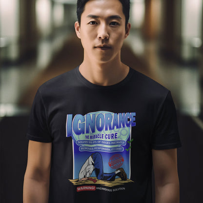 Person wearing a black t-shirt with a graphic design and text. This broken society t shirt comes in the form of a cleaning solution. A very satirical and sarcastic view of how ignorance has become the number one reaction to most of the problems facing modern society. Burying your head in the sand has always been a very popular but hazardous solution. Made from 100% organic ring-spun cotton, these social issues t shirts are unisex, high quality, super comfy, and best of all, eco-friendly.