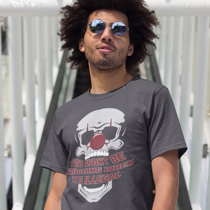 Man on a bridge wearing an anthracite t shirt. This civil liberties t shirt opposes too much government power. A satirical view of the ever increasing control and suppression of diversity. A unique urban art t shirt design, ideal for everyone who believes that fear based political policies are squeezing the fun out of life and killing the essence of society ? Made from 100% organic ring-spun cotton, these funny activist t shirts are unisex, high-quality, super comfy, and best of all, eco-friendly.