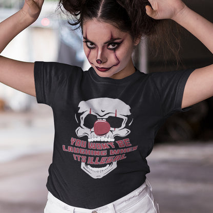 Woman wearing a black t shirt and clown makeup. This civil liberties t shirt opposes too much government power. A satirical view of the ever increasing control and suppression of diversity. A unique urban art t shirt design, ideal for everyone who believes that fear based political policies are squeezing the fun out of life and killing the essence of society ? Made from 100% organic ring-spun cotton, these funny activist t shirts are unisex, high-quality, super comfy, and best of all, eco-friendly.