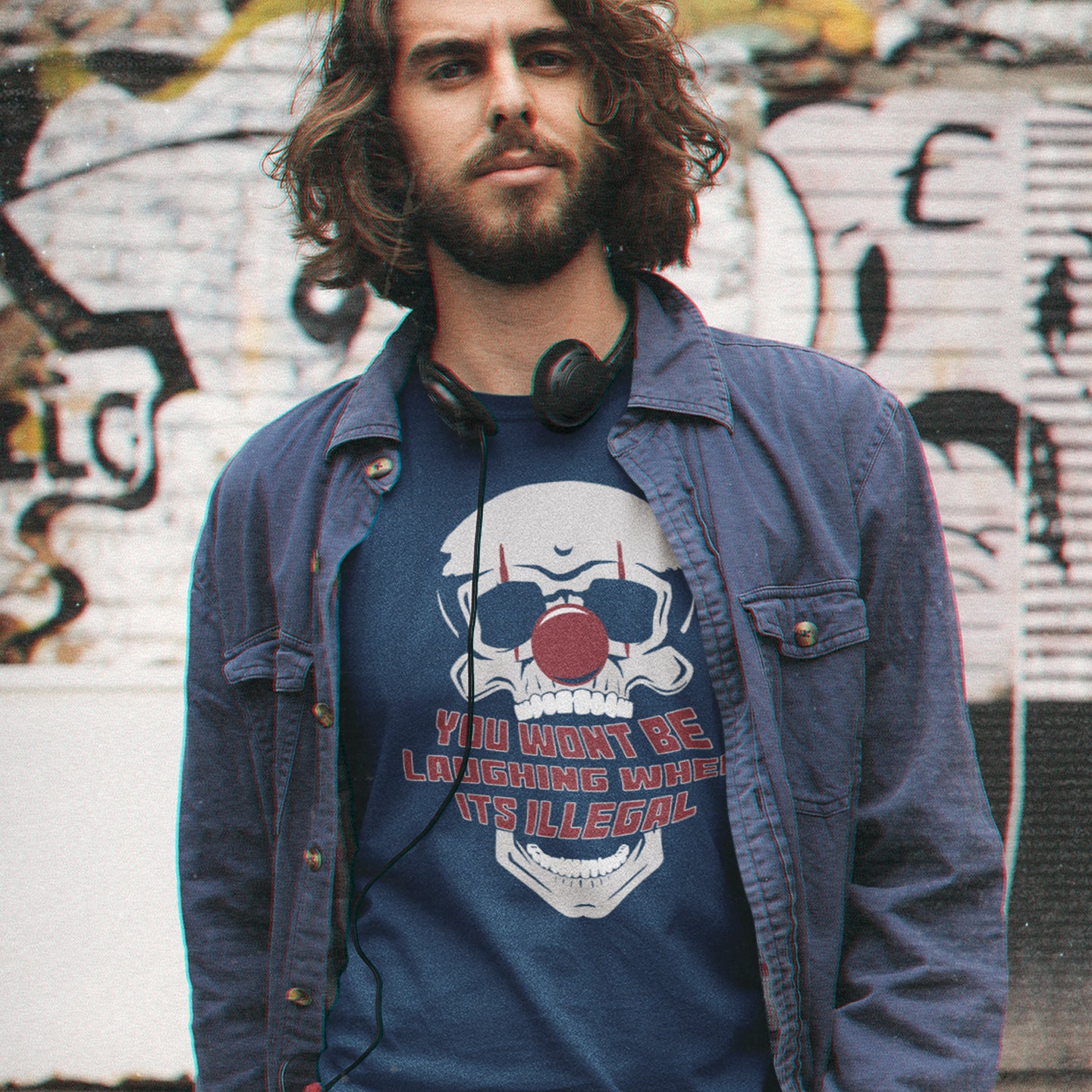 Man wearing a French navy t shirt. This civil liberties t shirt opposes too much government power. A satirical view of the ever increasing control and suppression of diversity. A unique urban art t shirt design, ideal for everyone who believes that fear based political policies are squeezing the fun out of life and killing the essence of society ? Made from 100% organic ring-spun cotton, these funny activist t shirts are unisex, high-quality, super comfy, and best of all, eco-friendly.
