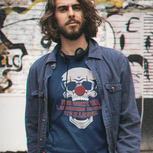 Man wearing a French navy t shirt. This civil liberties t shirt opposes too much government power. A satirical view of the ever increasing control and suppression of diversity. A unique urban art t shirt design, ideal for everyone who believes that fear based political policies are squeezing the fun out of life and killing the essence of society ? Made from 100% organic ring-spun cotton, these funny activist t shirts are unisex, high-quality, super comfy, and best of all, eco-friendly.