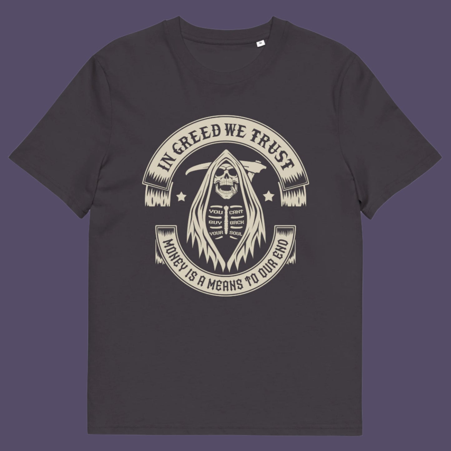 Anthracite t shirt. A broken society t shirt implying we have made greed our new God. If you believe our obsession with money is lowering the standards of society, help create social awareness with this anti capitalism t shirt. Could it be that money worship will be the end of us ? Made from 100% organic ring-spun cotton, this broken society t shirt is unisex, high quality, super comfy, and best of all, eco-friendly.
