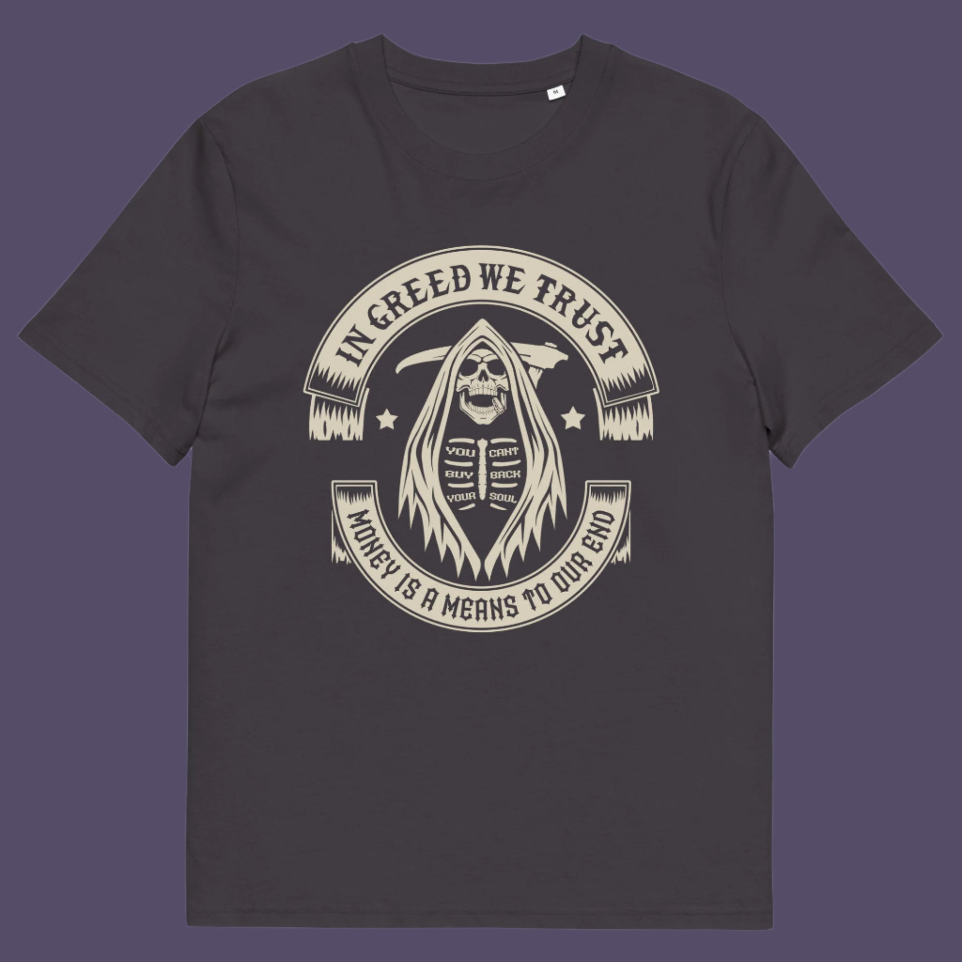 Anthracite t shirt. A broken society t shirt implying we have made greed our new God. If you believe our obsession with money is lowering the standards of society, help create social awareness with this anti capitalism t shirt. Could it be that money worship will be the end of us ? Made from 100% organic ring-spun cotton, this broken society t shirt is unisex, high quality, super comfy, and best of all, eco-friendly.