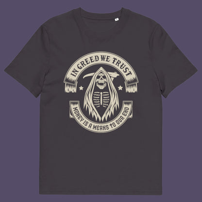 Anthracite t shirt. A broken society t shirt implying we have made greed our new God. If you believe our obsession with money is lowering the standards of society, help create social awareness with this anti capitalism t shirt. Could it be that money worship will be the end of us ? Made from 100% organic ring-spun cotton, this broken society t shirt is unisex, high quality, super comfy, and best of all, eco-friendly.