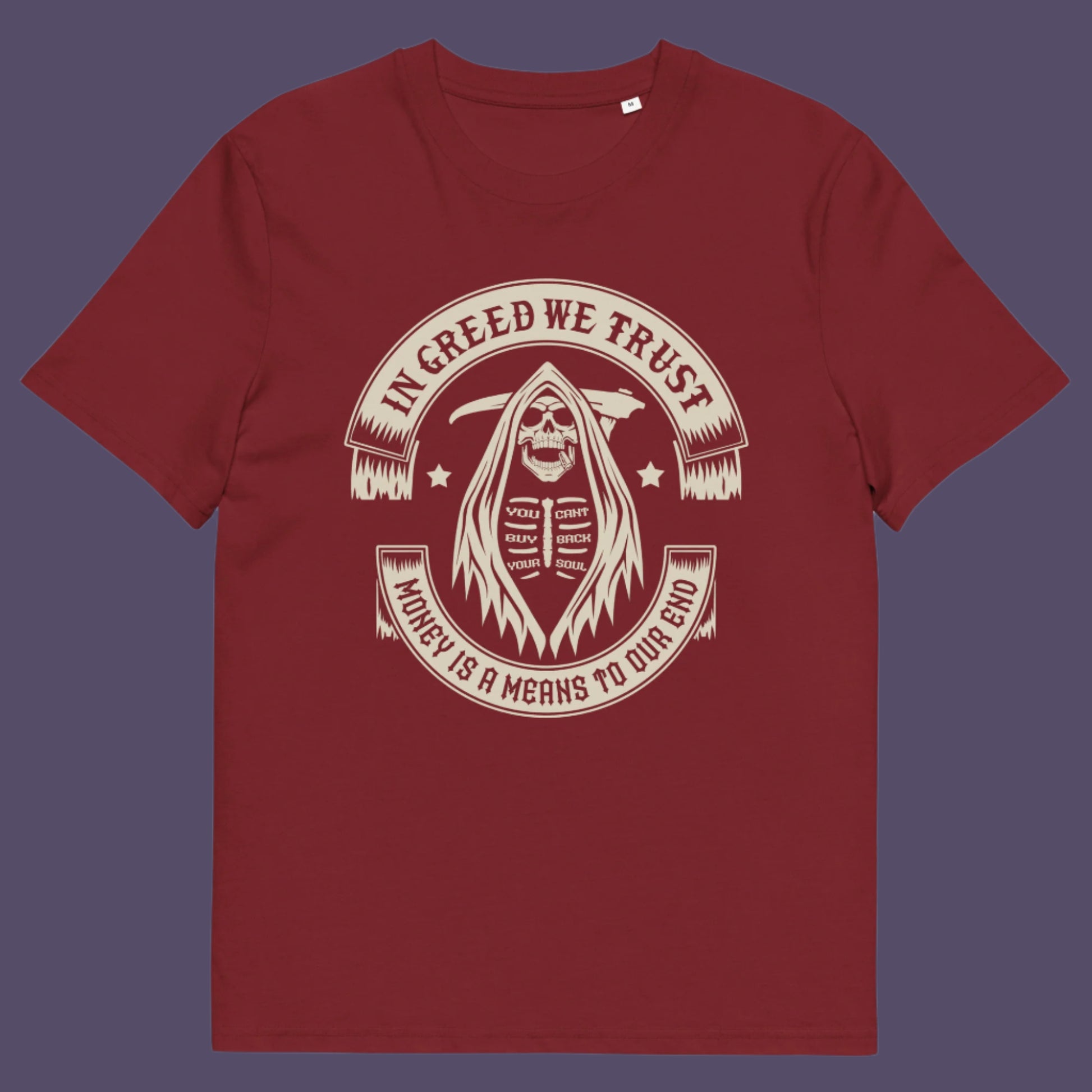 Burgundy t shirt. A broken society t shirt implying we have made greed our new God. If you believe our obsession with money is lowering the standards of society, help create social awareness with this anti capitalism t shirt. Could it be that money worship will be the end of us ? Made from 100% organic ring-spun cotton, this broken society t shirt is unisex, high quality, super comfy, and best of all, eco-friendly.