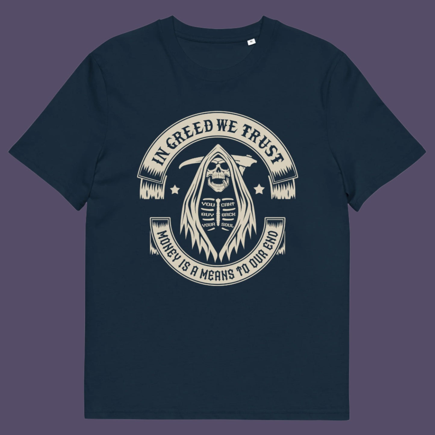 French navy t shirt. A broken society t shirt implying we have made greed our new God. If you believe our obsession with money is lowering the standards of society, help create social awareness with this anti capitalism t shirt. Could it be that money worship will be the end of us ? Made from 100% organic ring-spun cotton, this broken society t shirt is unisex, high quality, super comfy, and best of all, eco-friendly.