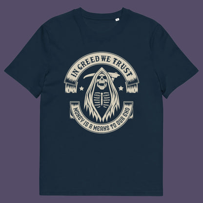 French navy t shirt. A broken society t shirt implying we have made greed our new God. If you believe our obsession with money is lowering the standards of society, help create social awareness with this anti capitalism t shirt. Could it be that money worship will be the end of us ? Made from 100% organic ring-spun cotton, this broken society t shirt is unisex, high quality, super comfy, and best of all, eco-friendly.