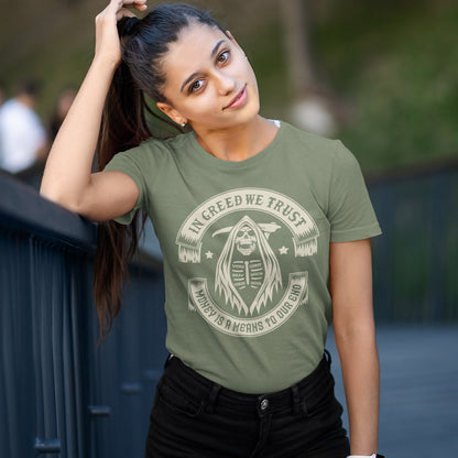 Woman wearing a green t-shirt with a graphic design and text outdoors. A broken society t shirt implying we have made greed our new God. If you believe our obsession with money is lowering the standards of society, help create social awareness with this anti capitalism t shirt. Could it be that money worship will be the end of us ? Made from 100% organic ring-spun cotton, this broken society t shirt is unisex, high quality, super comfy, and best of all, eco-friendly.