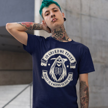 Person wearing a navy blue t-shirt with a graphic design and text. A broken society t shirt implying we have made greed our new God. If you believe our obsession with money is lowering the standards of society, help create social awareness with this anti capitalism t shirt. Could it be that money worship will be the end of us ? Made from 100% organic ring-spun cotton, this broken society t shirt is unisex, high quality, super comfy, and best of all, eco-friendly.