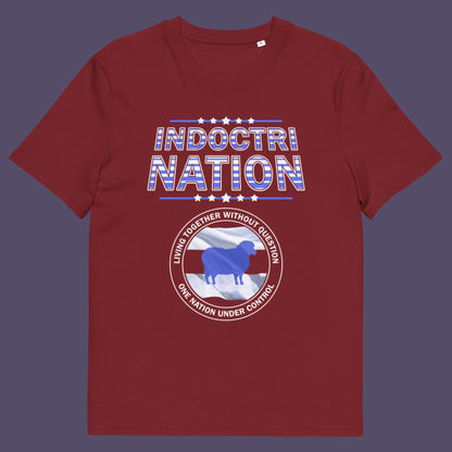 Burgundy t-shirt. A political t-shirt with satirical look at nationalism, an insight into a very dark future for any nation under a controlling government. Display your social awareness with this unique design. Made from 100% organic ring-spun cotton, this political t-shirt is unisex, high-quality, super comfy, and best of all, eco-friendly.