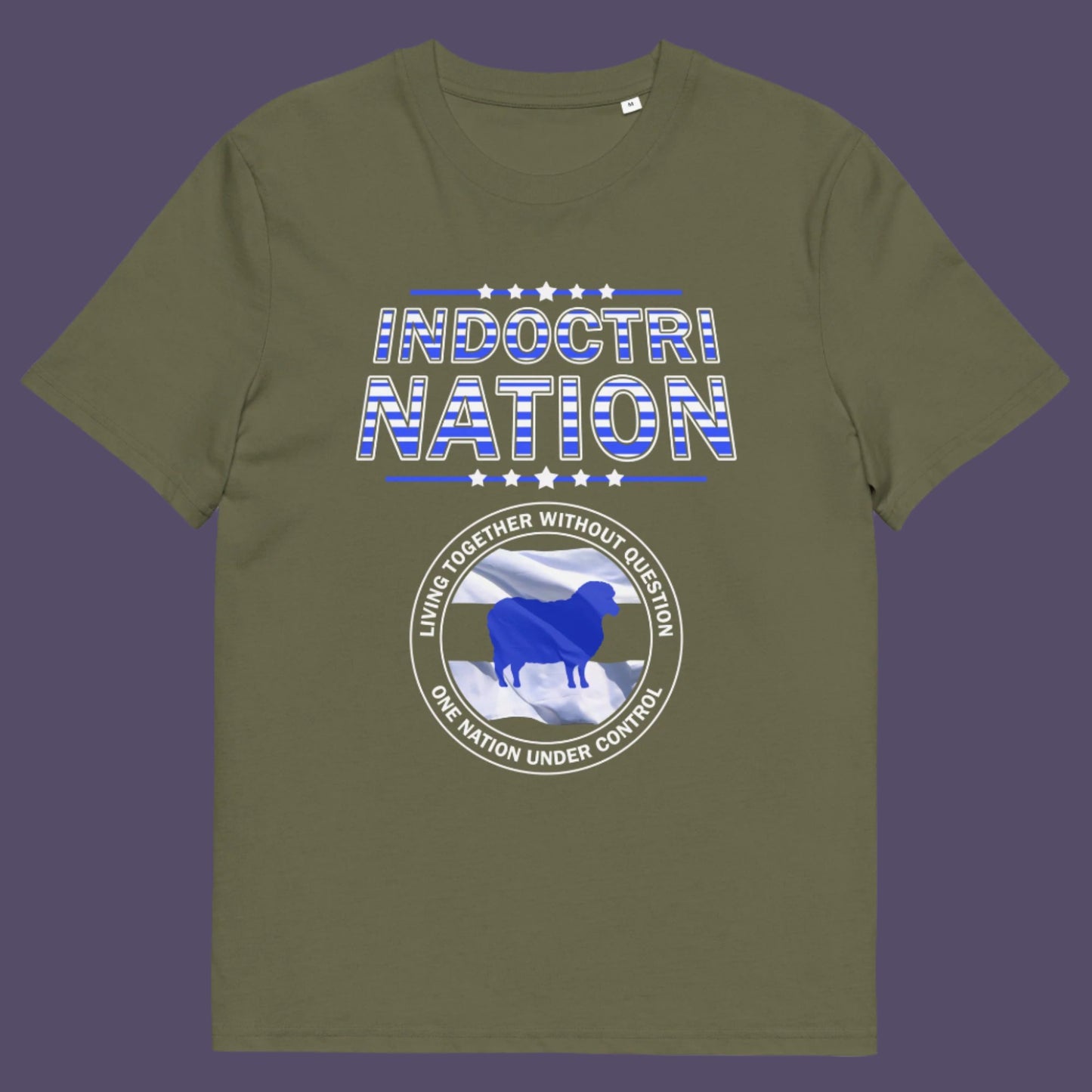 Khaki t-shirt. A political t-shirt with satirical look at nationalism, an insight into a very dark future for any nation under a controlling government. Display your social awareness with this unique design. Made from 100% organic ring-spun cotton, this political t-shirt is unisex, high-quality, super comfy, and best of all, eco-friendly.