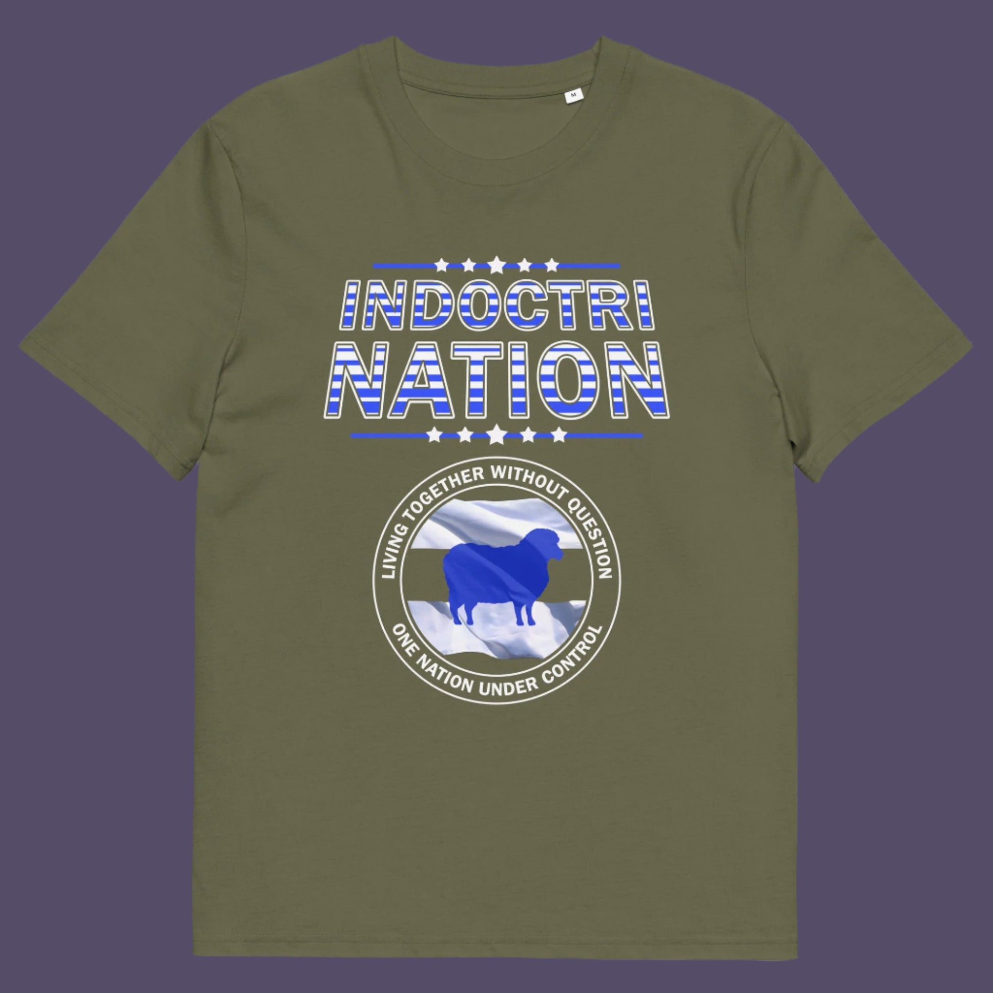 Khaki t-shirt. A political t-shirt with satirical look at nationalism, an insight into a very dark future for any nation under a controlling government. Display your social awareness with this unique design. Made from 100% organic ring-spun cotton, this political t-shirt is unisex, high-quality, super comfy, and best of all, eco-friendly.