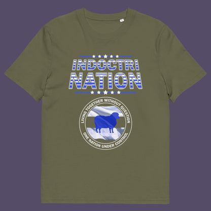 Khaki t-shirt. A political t-shirt with satirical look at nationalism, an insight into a very dark future for any nation under a controlling government. Display your social awareness with this unique design. Made from 100% organic ring-spun cotton, this political t-shirt is unisex, high-quality, super comfy, and best of all, eco-friendly.