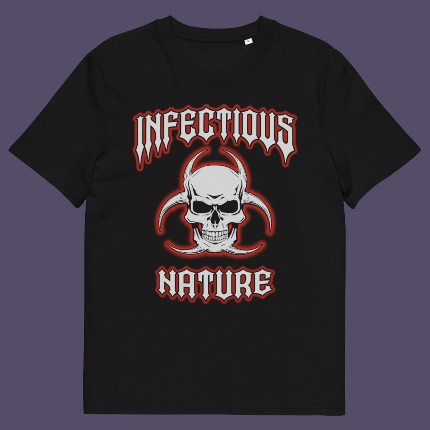 Black t shirt. This urban art t shirt design has a double meaning. You can have an infectious nature but it's also within our nature, as a race, to infect. Made from 100% organic ring-spun cotton, this social awareness t shirt is unisex, high-quality, super comfy, and best of all, eco-friendly.