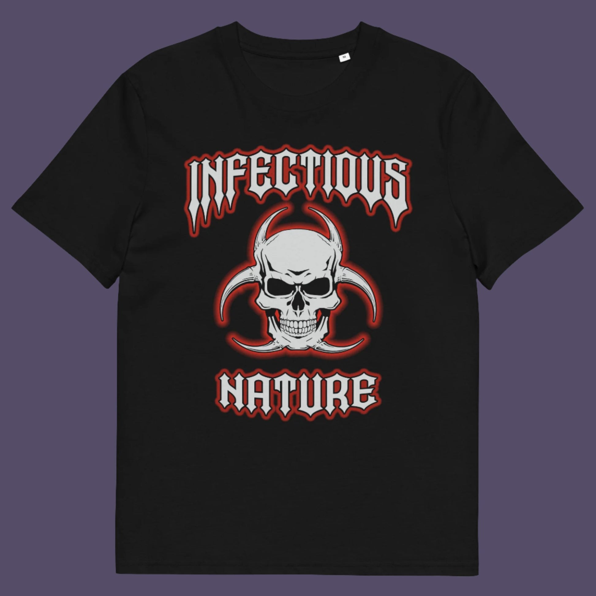 Black t shirt. This urban art t shirt design has a double meaning. You can have an infectious nature but it's also within our nature, as a race, to infect. Made from 100% organic ring-spun cotton, this social awareness t shirt is unisex, high-quality, super comfy, and best of all, eco-friendly.