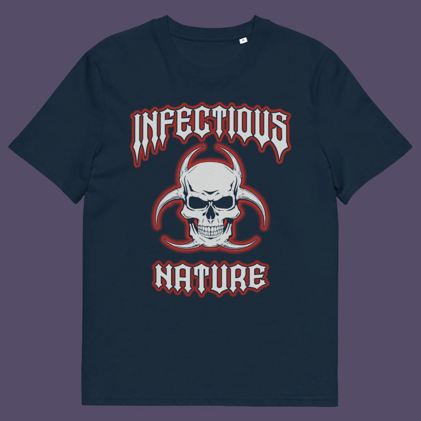 French navy t shirt. This urban art t shirt design has a double meaning. You can have an infectious nature but it's also within our nature, as a race, to infect. Made from 100% organic ring-spun cotton, this social awareness t shirt is unisex, high-quality, super comfy, and best of all, eco-friendly.
