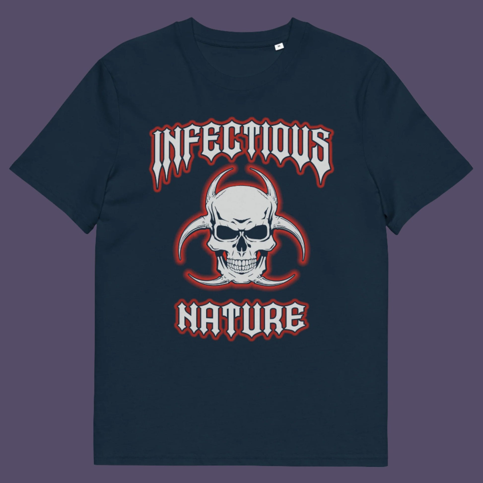 French navy t shirt. This urban art t shirt design has a double meaning. You can have an infectious nature but it's also within our nature, as a race, to infect. Made from 100% organic ring-spun cotton, this social awareness t shirt is unisex, high-quality, super comfy, and best of all, eco-friendly.