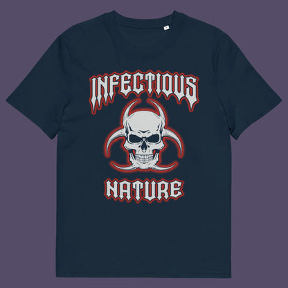 French navy t shirt. This urban art t shirt design has a double meaning. You can have an infectious nature but it's also within our nature, as a race, to infect. Made from 100% organic ring-spun cotton, this social awareness t shirt is unisex, high-quality, super comfy, and best of all, eco-friendly.