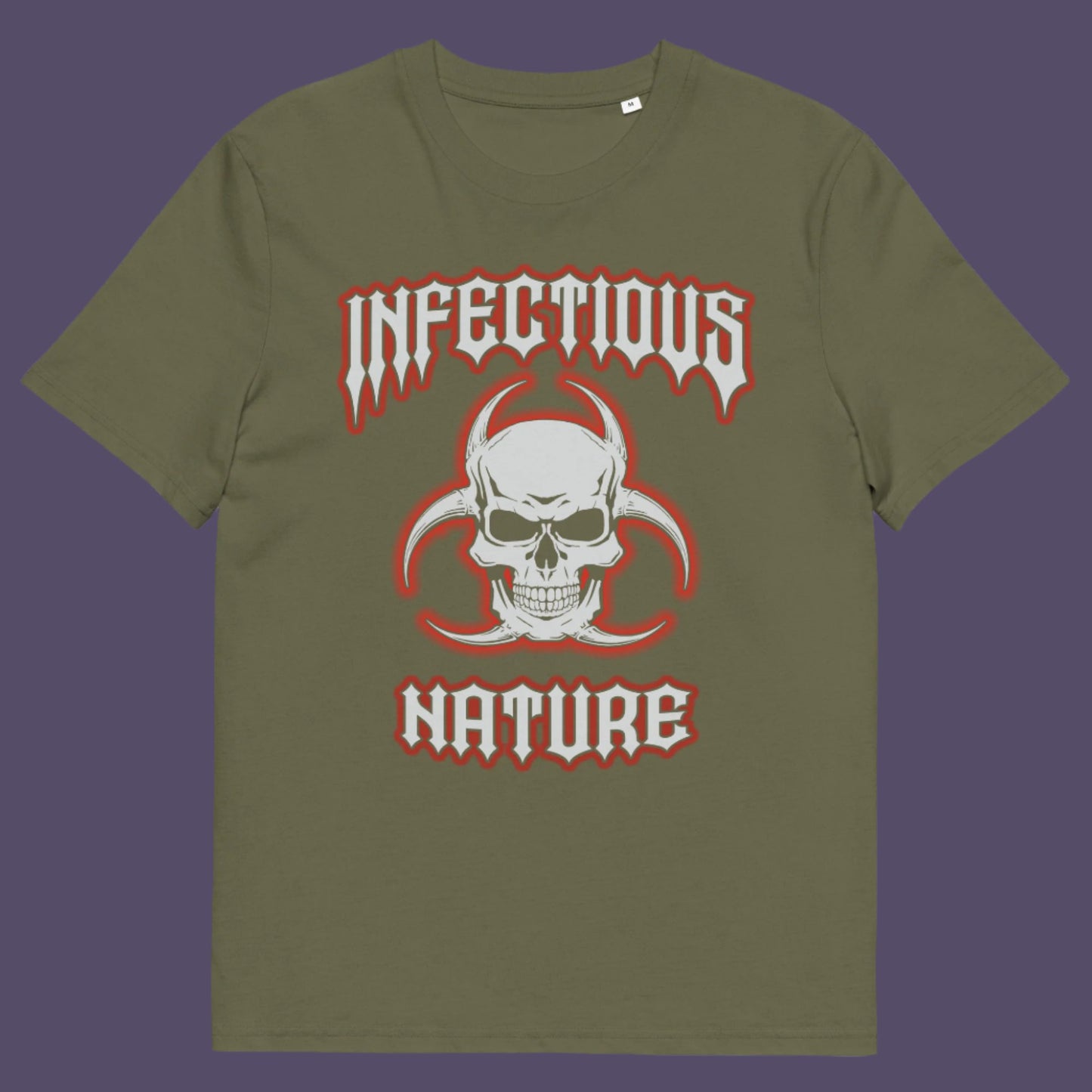 Khaki t shirt. This urban art t shirt design has a double meaning. You can have an infectious nature but it's also within our nature, as a race, to infect. Made from 100% organic ring-spun cotton, this social awareness t shirt is unisex, high-quality, super comfy, and best of all, eco-friendly.