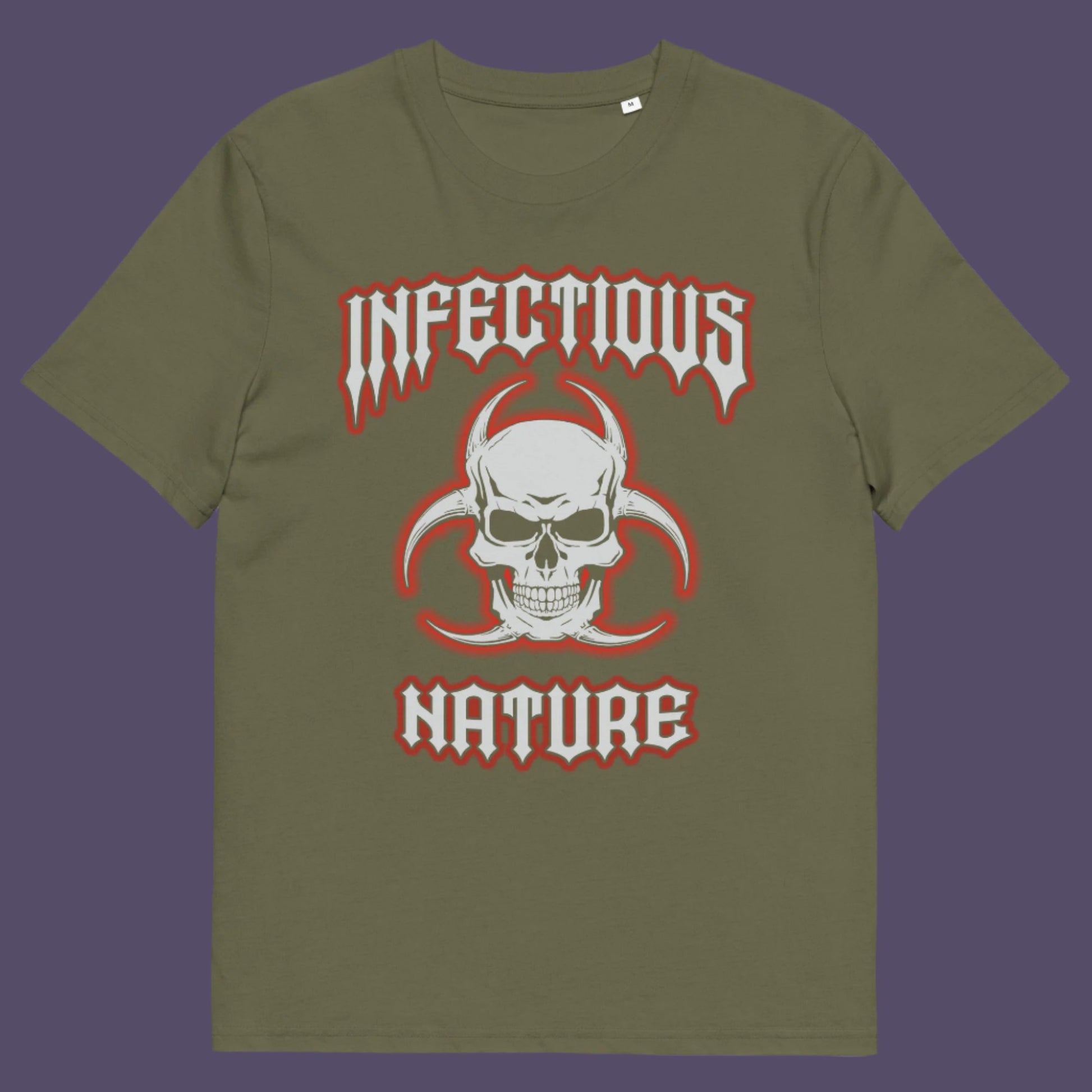 Khaki t shirt. This urban art t shirt design has a double meaning. You can have an infectious nature but it's also within our nature, as a race, to infect. Made from 100% organic ring-spun cotton, this social awareness t shirt is unisex, high-quality, super comfy, and best of all, eco-friendly.