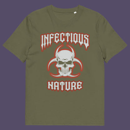Khaki t shirt. This urban art t shirt design has a double meaning. You can have an infectious nature but it's also within our nature, as a race, to infect. Made from 100% organic ring-spun cotton, this social awareness t shirt is unisex, high-quality, super comfy, and best of all, eco-friendly.