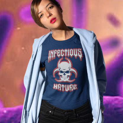 Person wearing a French navy blue t-shirt with 'Infectious Nature' graphic design against a colourful abstract background. This urban art t shirt design has a double meaning. You can have an infectious nature but it's also within our nature, as a race, to infect. Made from 100% organic ring-spun cotton, this social awareness t shirt is unisex, high-quality, super comfy, and best of all, eco-friendly.