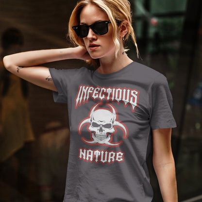 Person wearing an anthracite t-shirt with a graphic design and text. This urban art t shirt design has a double meaning. You can have an infectious nature but it's also within our nature, as a race, to infect. Made from 100% organic ring-spun cotton, this social awareness t shirt is unisex, high-quality, super comfy, and best of all, eco-friendly.