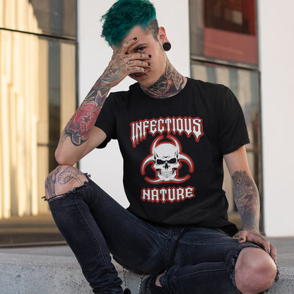 Person wearing a black t-shirt with 'Infectious Nature' design, sitting outdoors. This urban art t shirt design has a double meaning. You can have an infectious nature but it's also within our nature, as a race, to infect. Made from 100% organic ring-spun cotton, this social awareness t shirt is unisex, high-quality, super comfy, and best of all, eco-friendly.