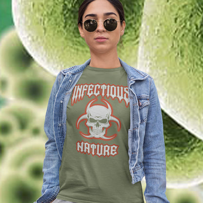 Person wearing a khaki t-shirt with 'Infectious Nature' design against a background of magnified green bacteria. This urban art t shirt design has a double meaning. You can have an infectious nature but it's also within our nature, as a race, to infect. Made from 100% organic ring-spun cotton, this social awareness t shirt is unisex, high-quality, super comfy, and best of all, eco-friendly.