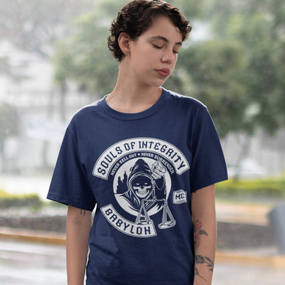 Person wearing a navy blue t-shirt with a graphic design outdoors. A social awareness t shirt promoting ethics and morality. A spoof motorcycle club design for people who still have integrity. This design satirically representing how few people are left with a moral conscience in a corrupt world, or as the Rastafarians call it, BABYLON. Made from 100% organic ring-spun cotton, these social issues t shirts are unisex, high-quality, super comfy, and best of all, eco-friendly.