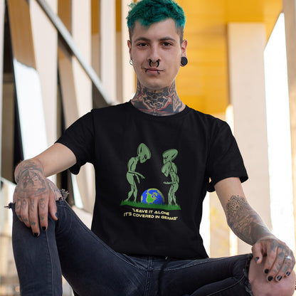 A funny alien t-shirt design with a subtle overpopulation message. In the grand scheme of things, our planet and universe could just be the school project of a child from a superior race. Made from 100% organic ring-spun cotton, this funny sci fi t shirt is unisex, high-quality, super comfy, and best of all, eco-friendly.