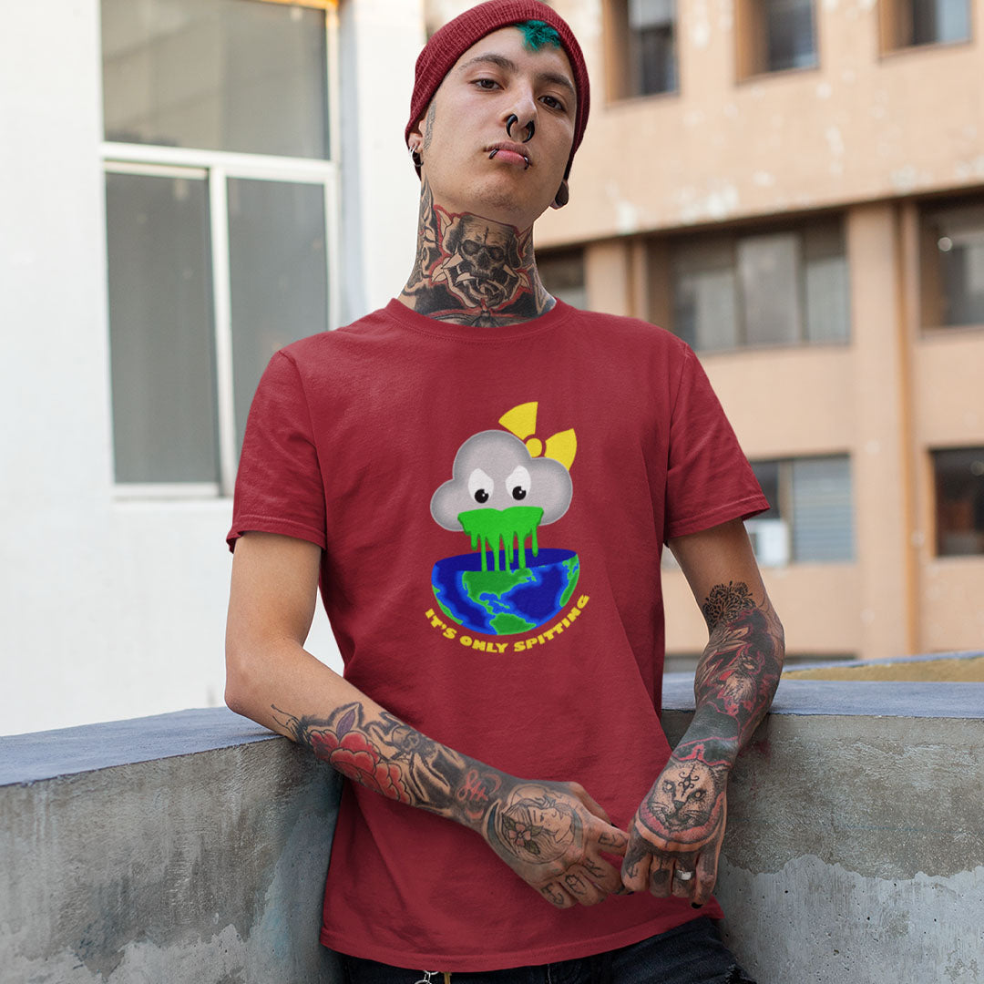 A man with tattoos and a red beanie wearing a red t-shirt with a cartoon cloud graphic that says 'IT'S ONLY SPITTING'.