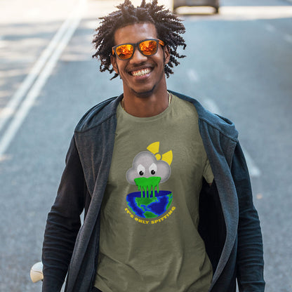 A smiling man wearing a graphic t-shirt and an open dark  hoodie stands on an outdoor street. The t-shirt is olive green with a cartoon cloud graphic that reads 'IT'S ONLY SPITTING'.