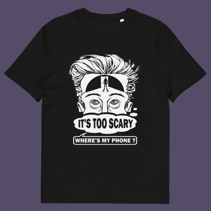 Black t-shirt. An anti-mobile phone abuse t-shirt highlighting the effects on the mind of smart phone over use in the place of thinking. A view of how mobile phones have taken over thinking and left us with dark unexplored corridors in our minds. Made from 100% organic ring-spun cotton, this social awareness t-shirt is unisex, high-quality, super comfy, and best of all, eco-friendly.